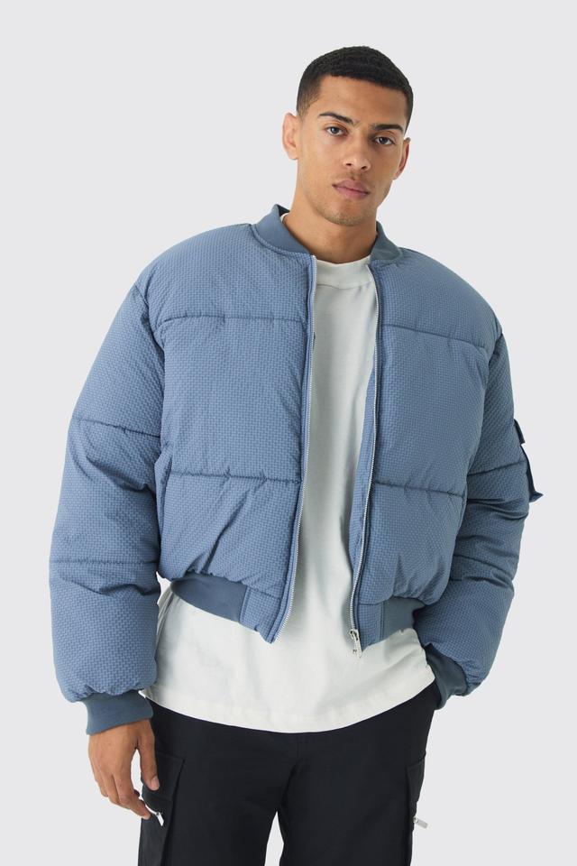 Extreme Padded Texture Bomber Jacket In Slate | boohooMAN USA Product Image