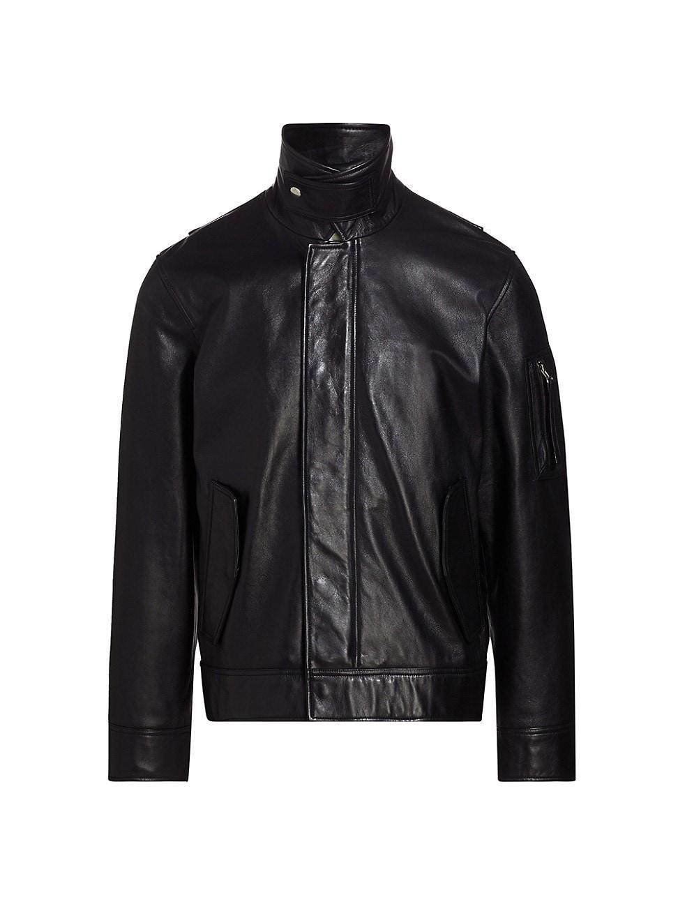 Mens Stand Collar Leather Jacket Product Image