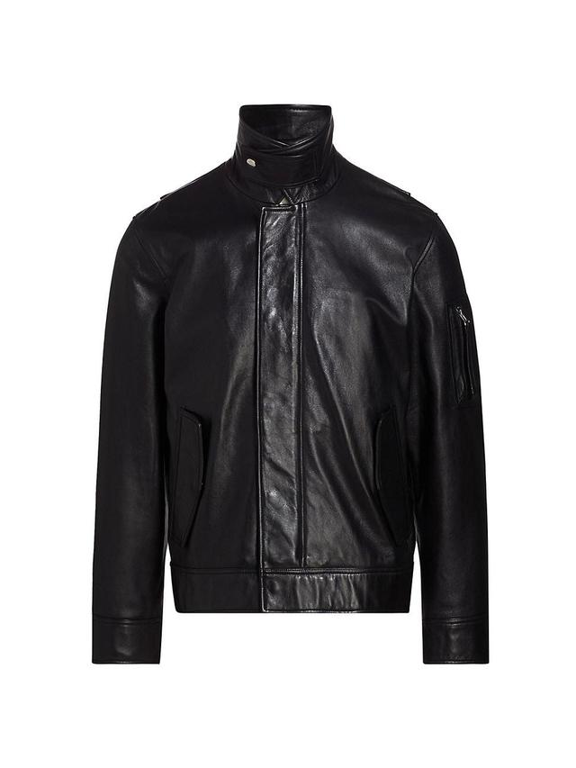 Mens Stand Collar Leather Jacket Product Image