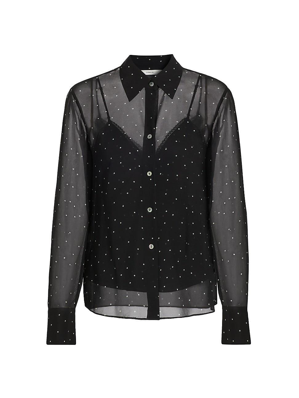 Womens Dot-Print Sheer Silk Long-Sleeve Blouse Product Image