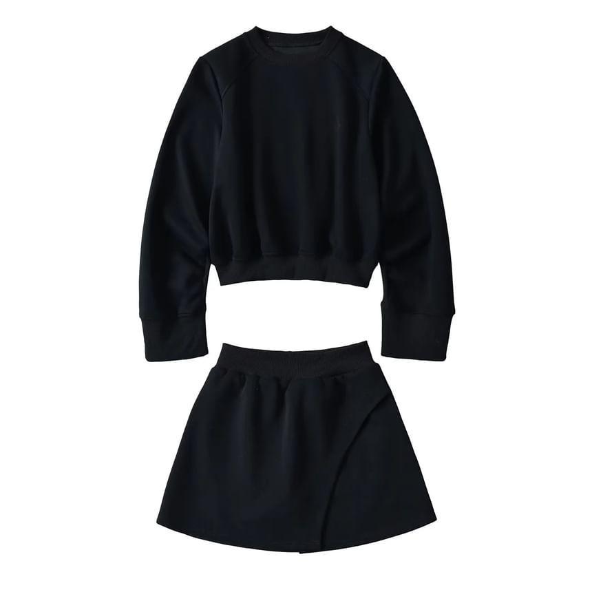 Crew Neck Plain Sweatshirt / Elastic Waist Panel Mini A-Line Skirt Product Image