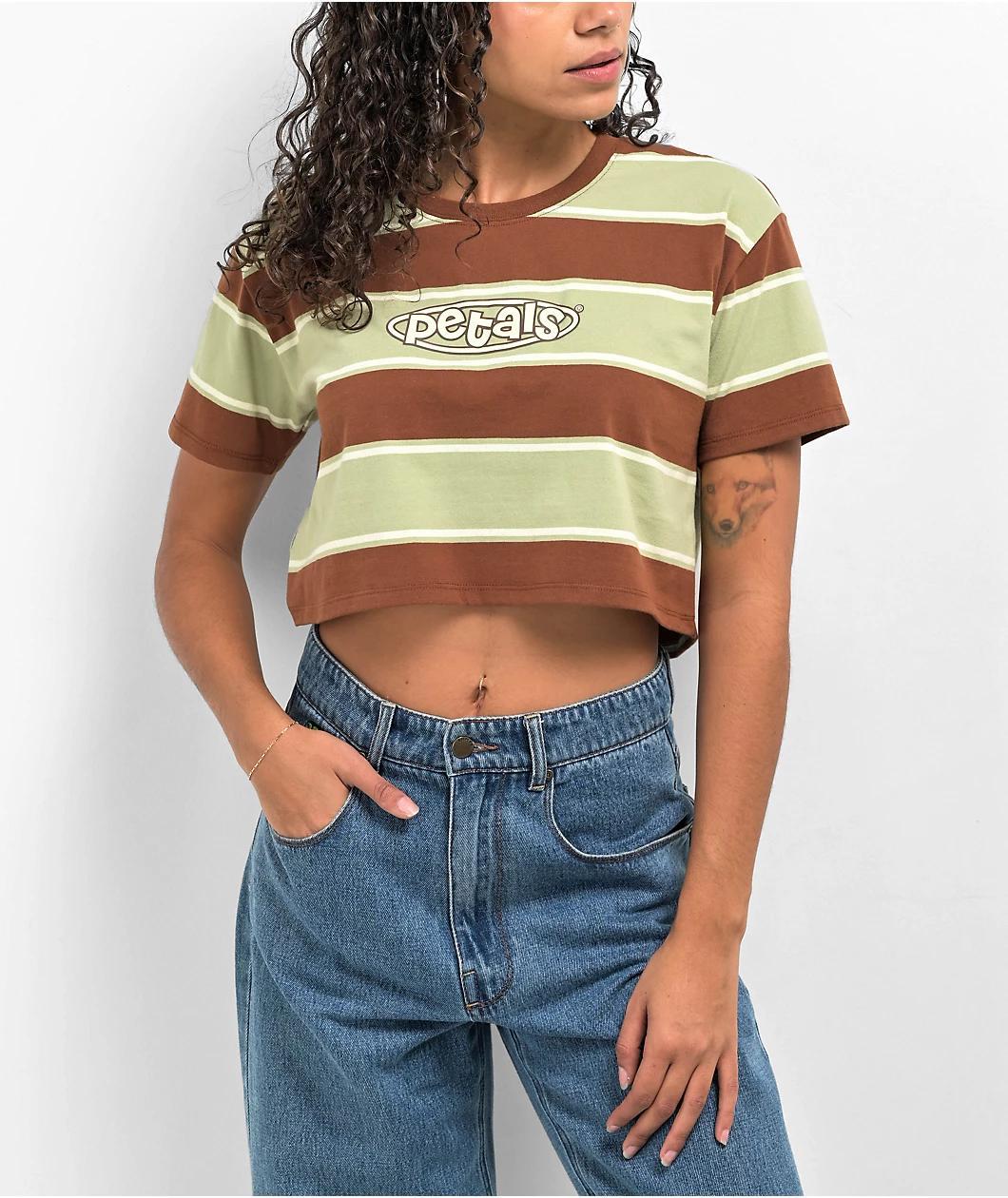 Petals by Petals And Peacocks Stripe Green & Brown Crop T-Shirt Product Image