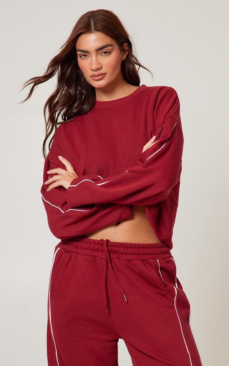 Dark Red Contrast Piping Detail Wide Leg Sweatpants Product Image