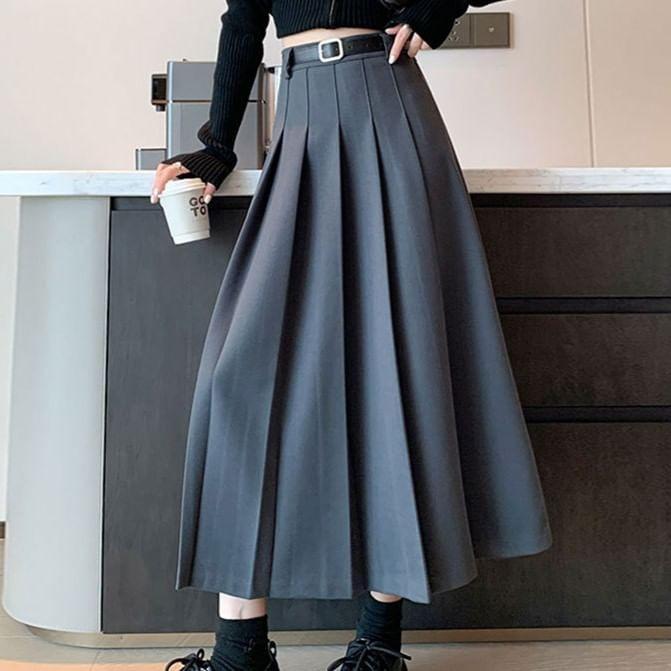 High Waist Plain Pleated Midi A-Line Skirt Product Image