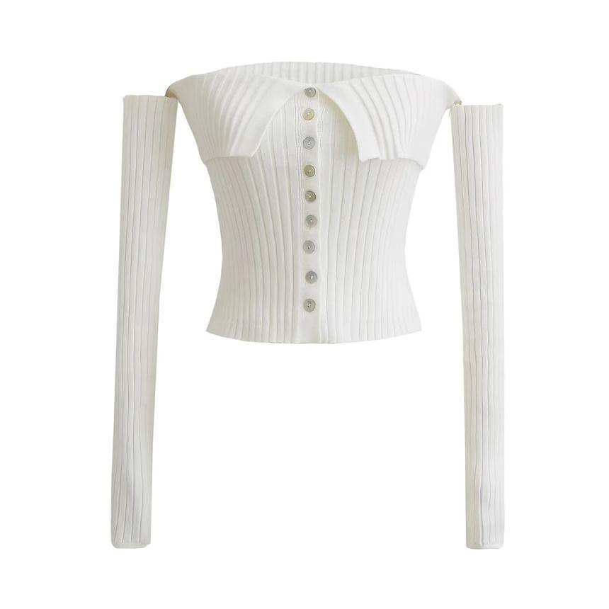 Off-Shoulder Long Sleeve Plain Ribbed Knit Button Up Cropped Top Product Image