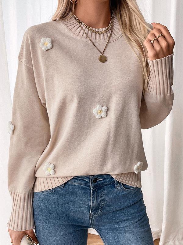 Long Sleeves Loose Split-Joint Three-Dimensional Flower Round-Neck Pullovers Sweater Tops Product Image