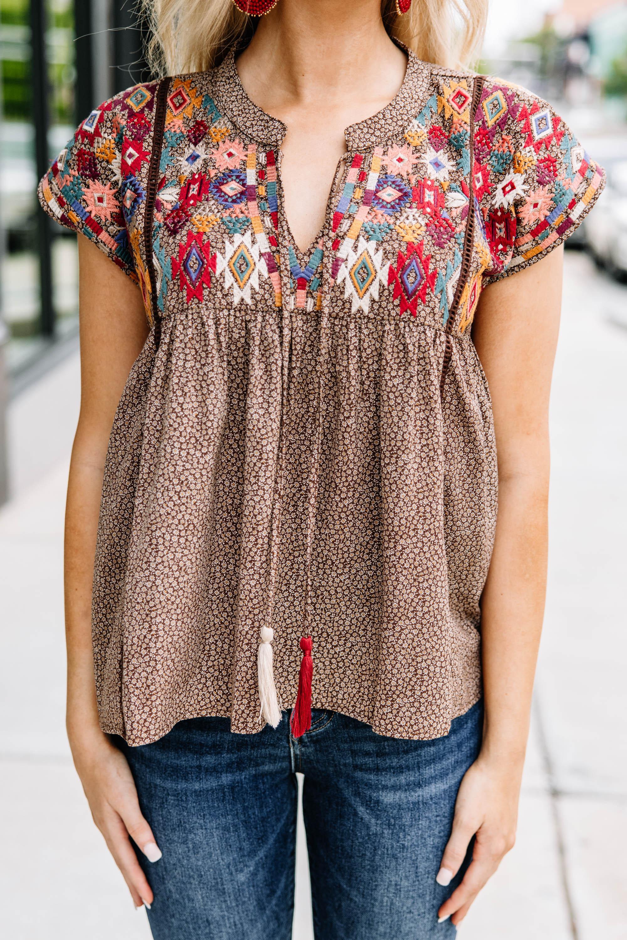 Here For The Journey Brown Embroidered Top Female Product Image