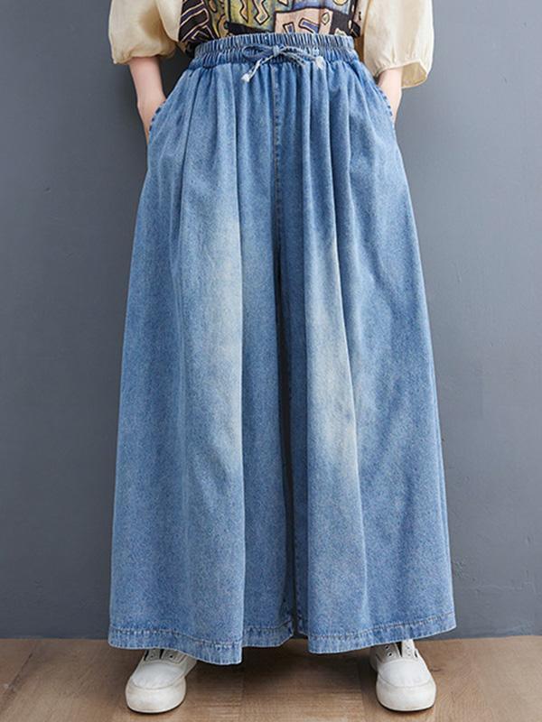 Simple Casual Loose Wide Leg Drawstring Jean Pants Product Image