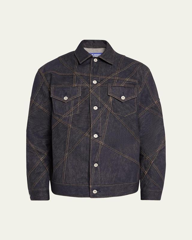 Mens Allover Topstitch Raw Denim Trucker Jacket Product Image