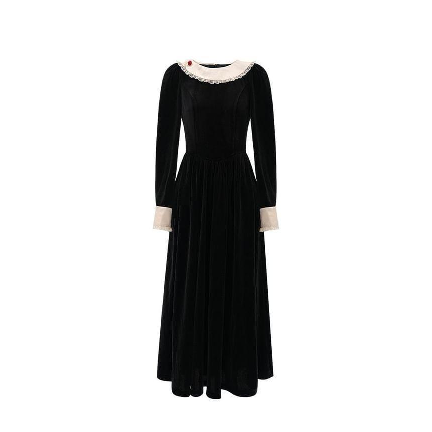 Long-Sleeve Collar Two Tone Velvet Midi A-Line Dress Product Image