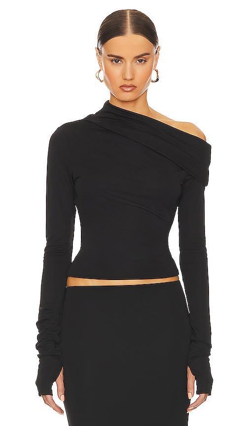 Helsa Matte Jersey Drape Shoulder Top in Black. - size S (also in L, M, XL, XS) Product Image