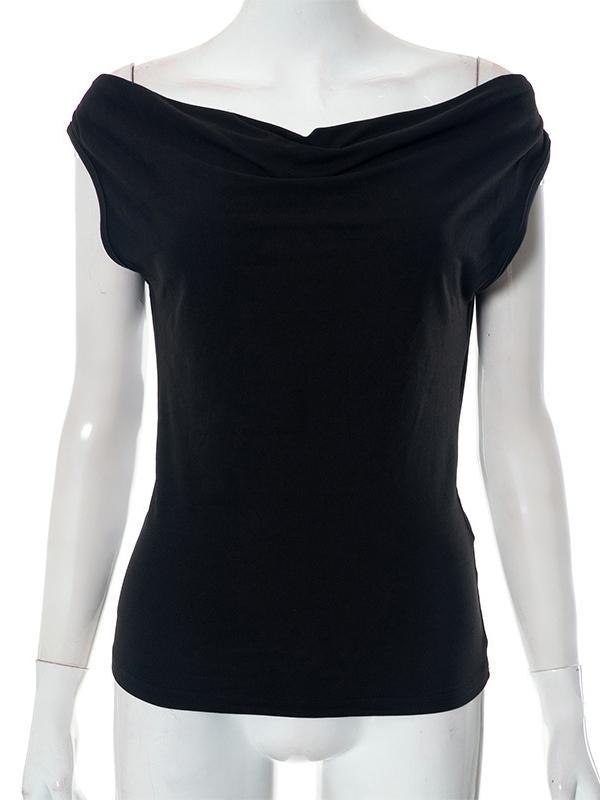 Loose Skinny Backless Lace-Up See-Through Solid Color Split-Joint Off-The-Shoulder T-Shirts Tops Product Image