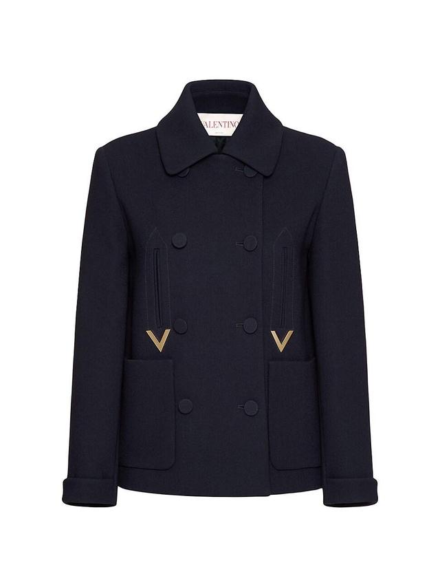 VALENTINO Elegant Double Crepe Wool-blend Jacket In Navy Product Image