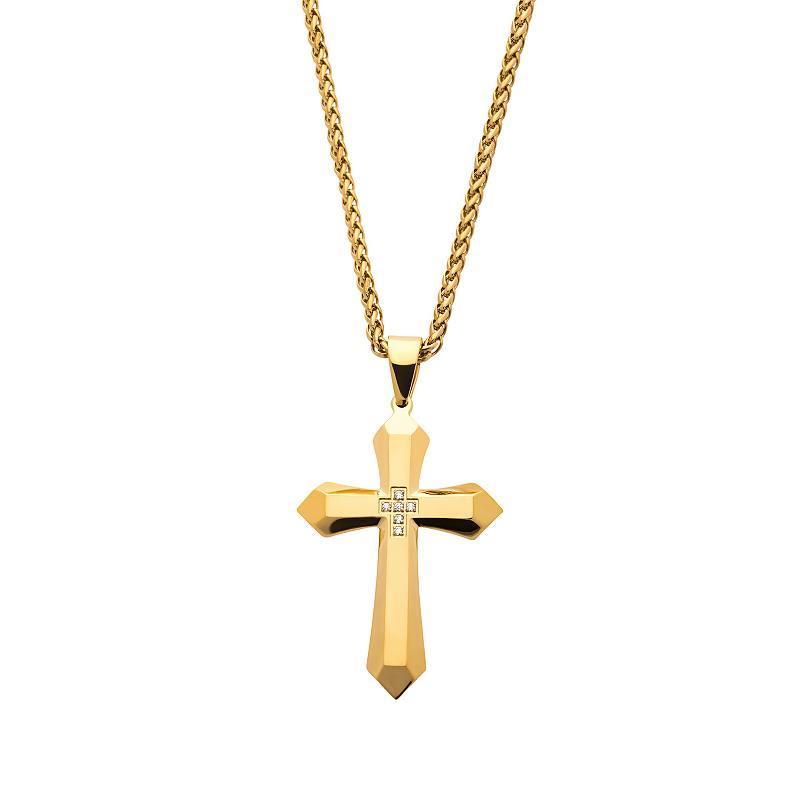 Mens Gold Tone Stainless Steel Cubic Zirconia Cross Pendant Necklace Product Image