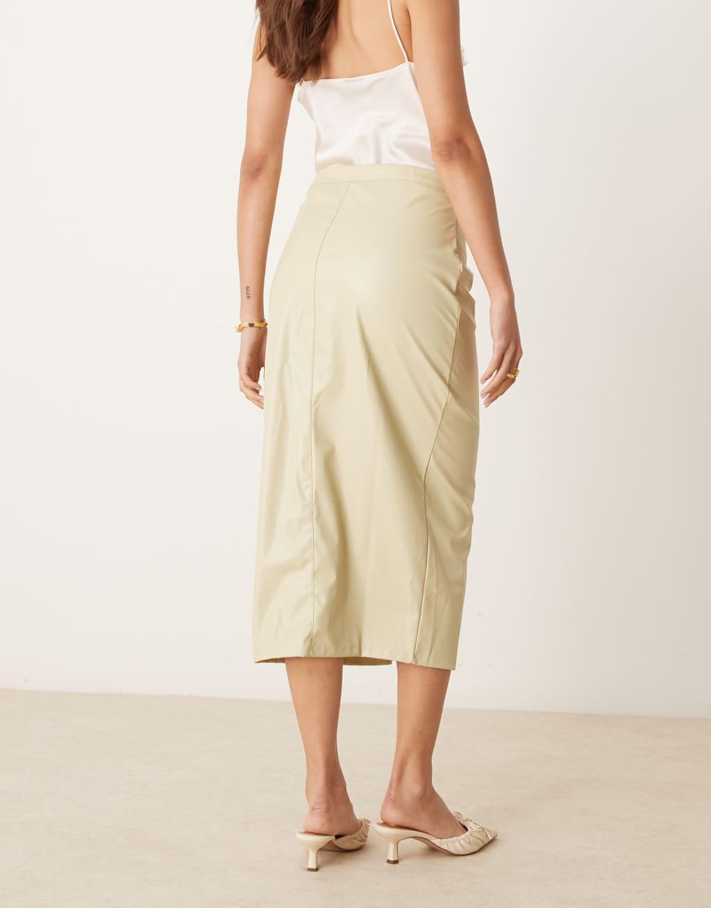 ASOS DESIGN leather look midi pencil skirt in sage Product Image