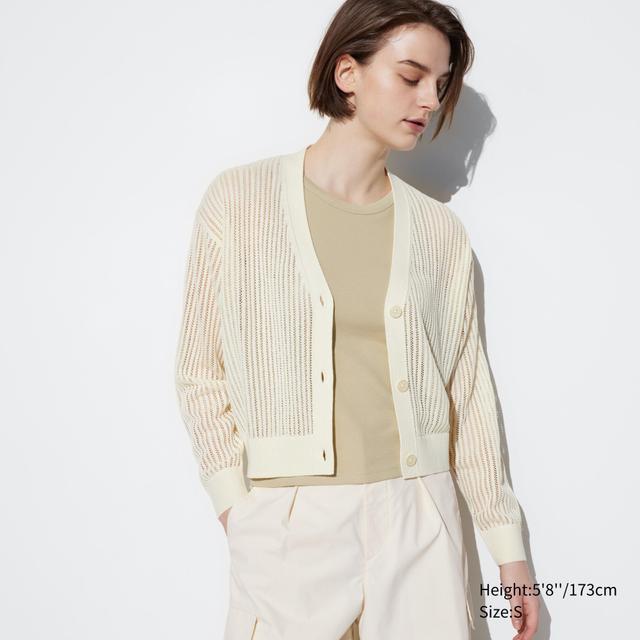 Womens Mesh V Neck Long Sleeve Short Cardigan Off White Small UNIQLO US Product Image