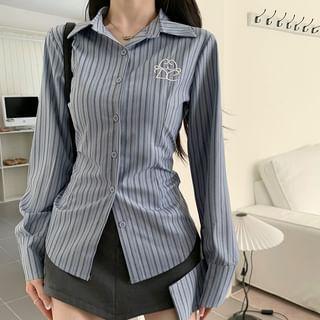 Long-Sleeve Collared Pinstriped Embroidered Shirt / Pointed Hem Mini Skirt / Plain Padded Cami Top Product Image