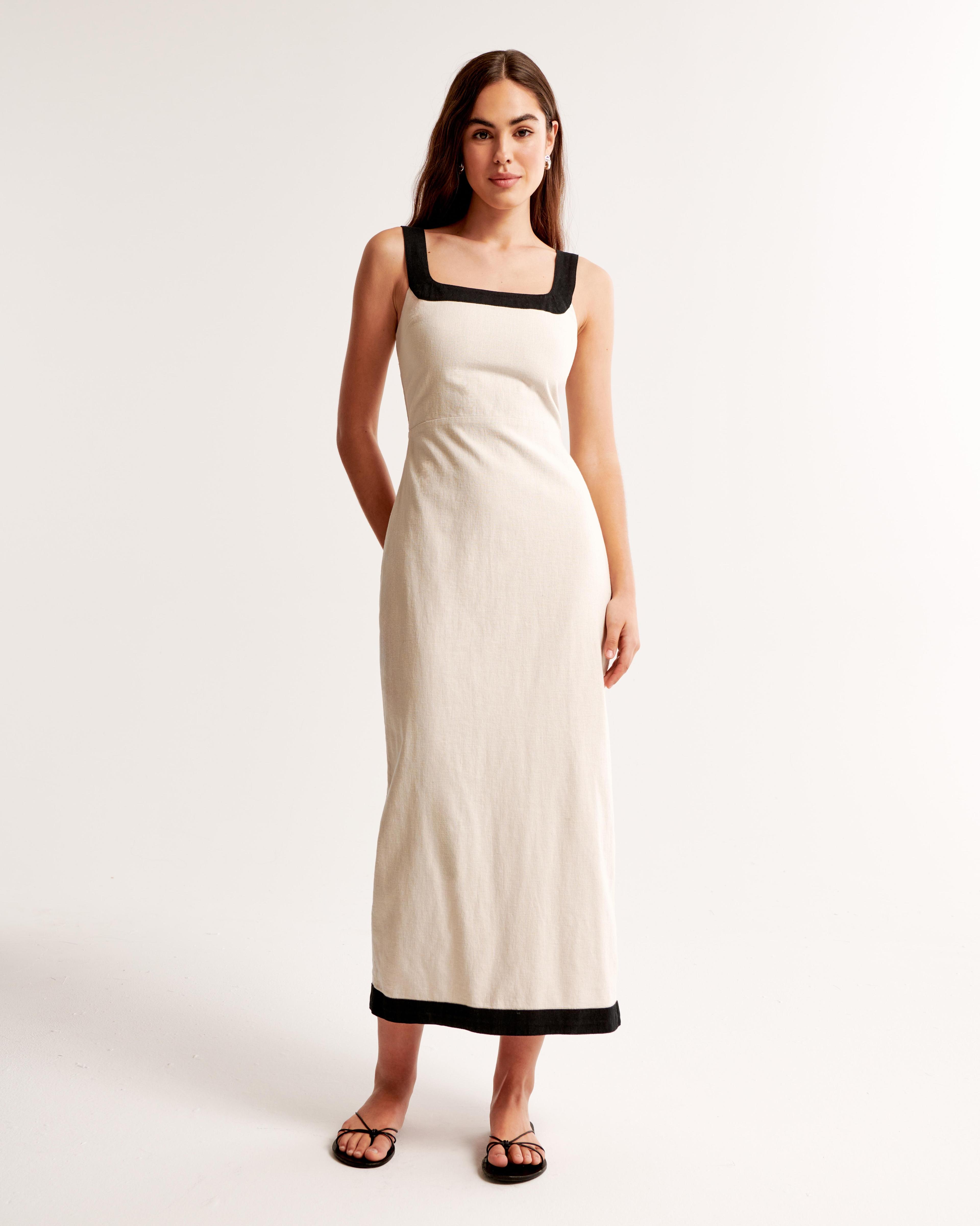 Linen-Blend Squareneck Column Midi Dress Product Image