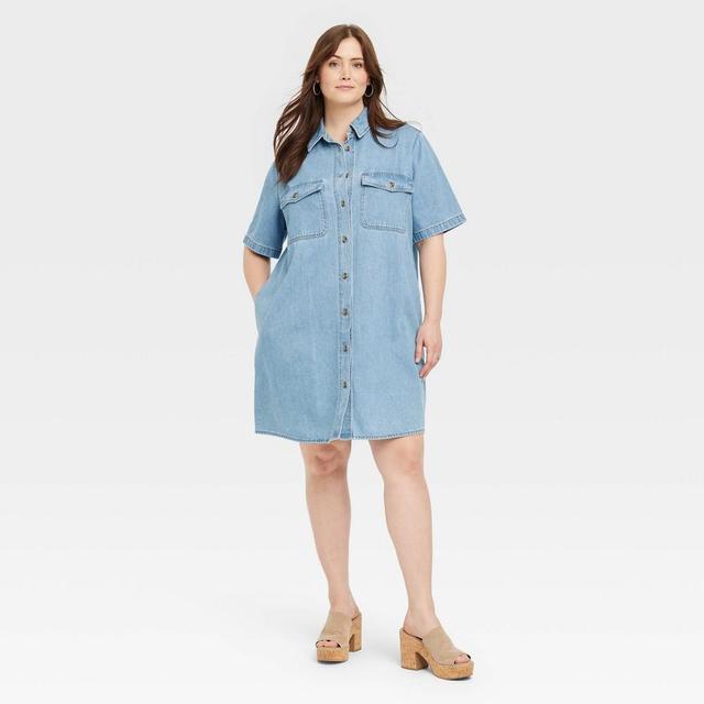 Womens Short Sleeve Shirtdress - Universal Thread Light Wash Product Image