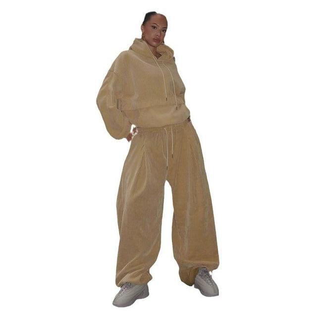 Set: Drawstring Plain Oversized Hoodie + Mid Waist Plain Wide Leg Pants Product Image