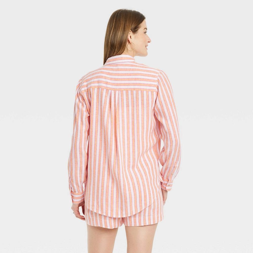 Women's Linen Long Sleeve Collared Button-Down Shirt - Universal Thread™ Orange Striped L Product Image