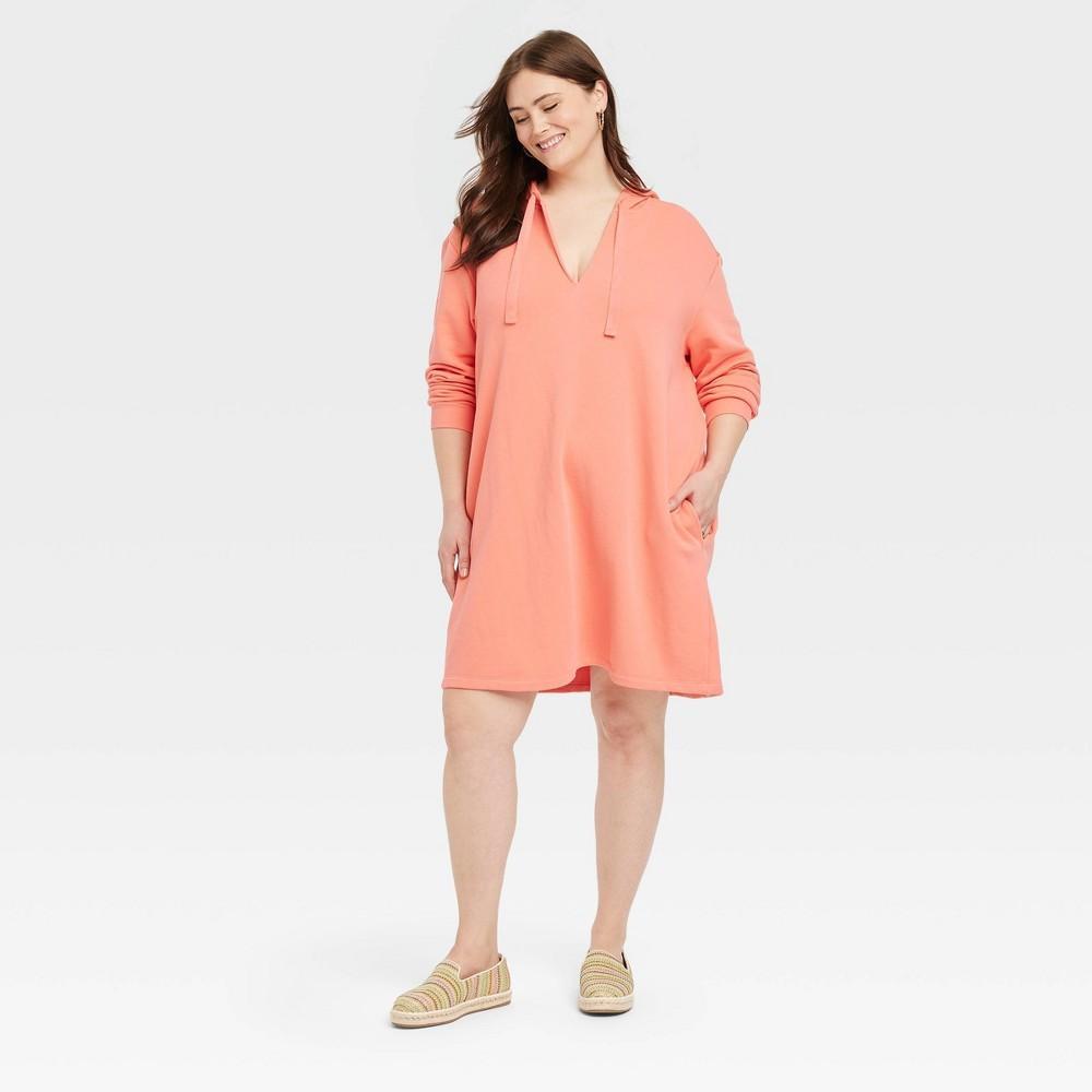 Womens Long Sleeve Mini Fleece Tunic Dress - Universal Thread Coral Orange 2X Product Image