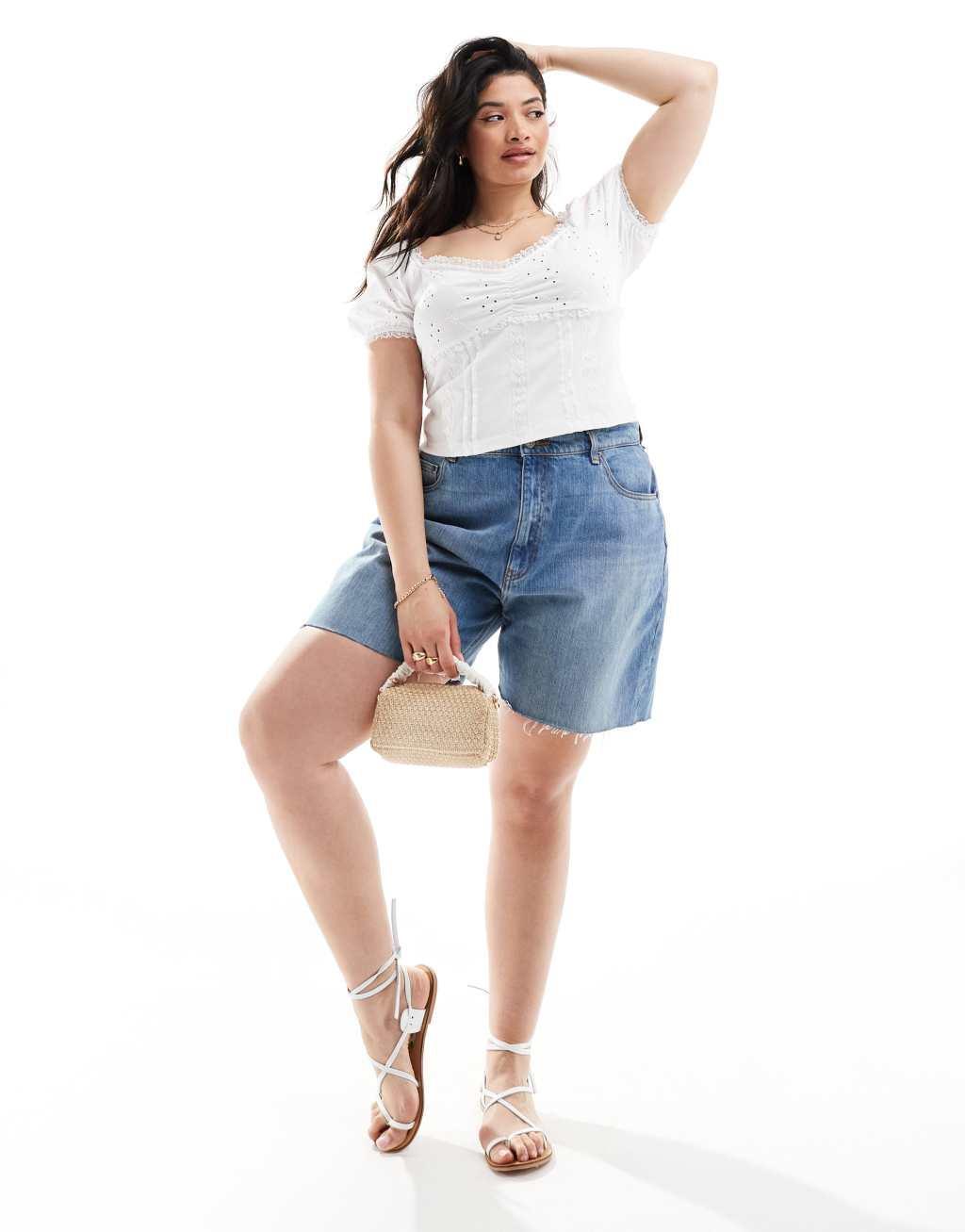 ASOS DESIGN Curve puff sleeve eyelet milkmaid top in white Product Image