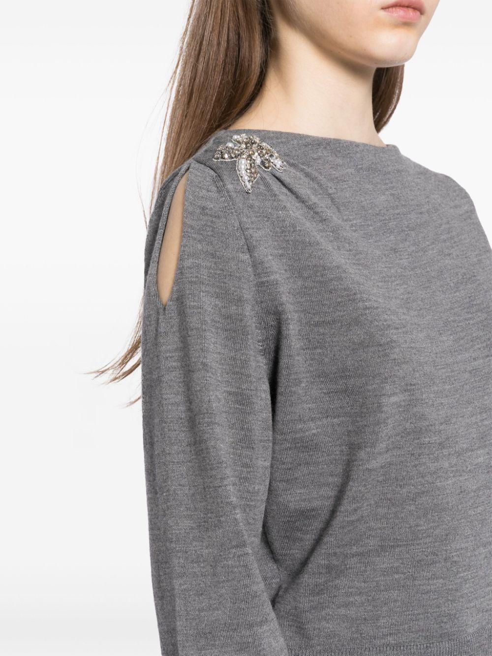 Glass Crystal Embellishment Wool Knitted Top In Grey Product Image