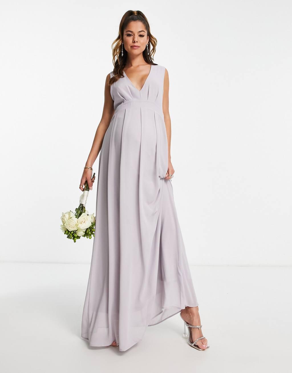 TFNC Maternity Bridesmaid chiffon v front maxi dress with pleated skirt in gray Product Image