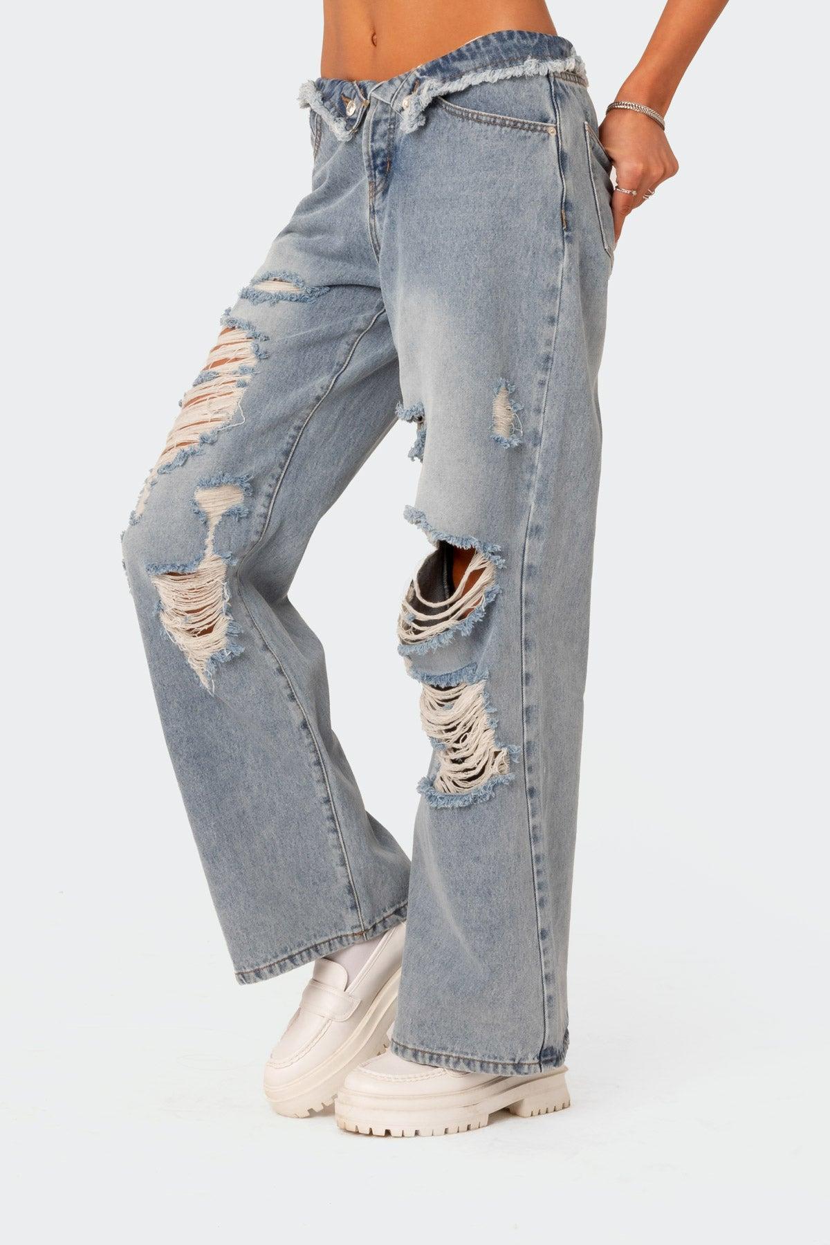 Distressed Fold Over Boyfriend Jeans Product Image