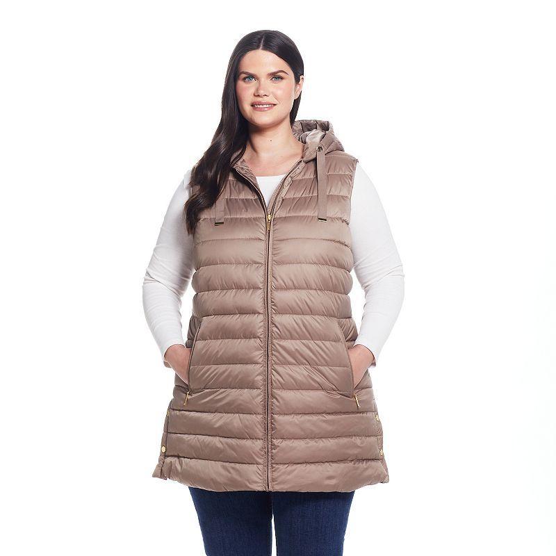 Plus Size Weathercast Hooded Quilted Long Vest, Womens Med Beige Product Image