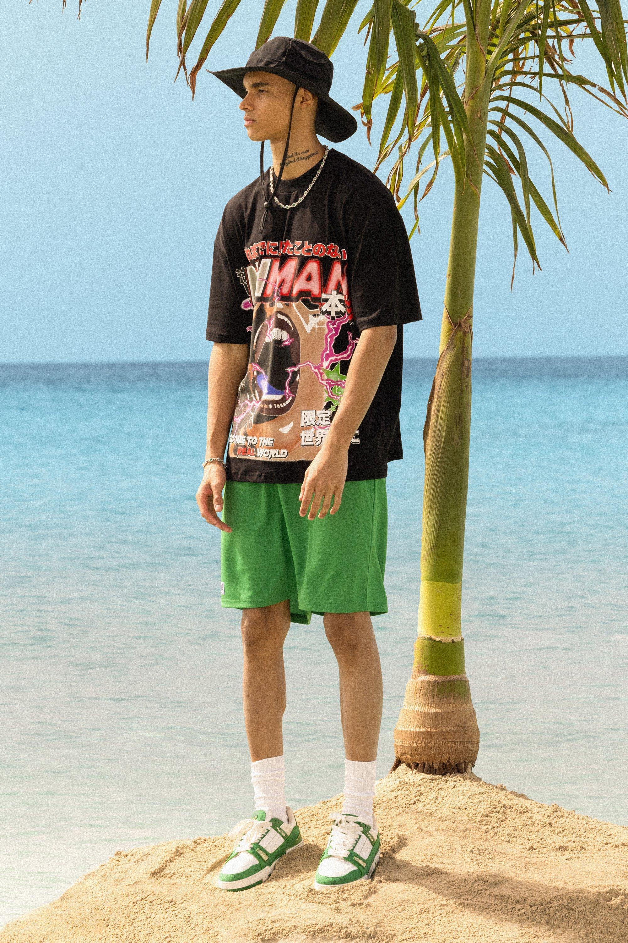 Mens Multi Oversized Graphic T-shirt & Mesh Short Set, Multi Product Image