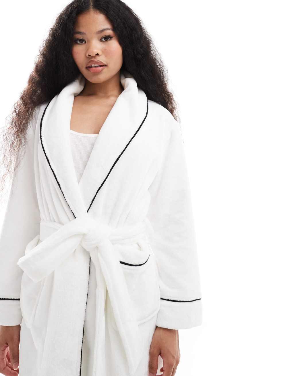 ASOS DESIGN Petite premium super soft fleece midi robe in white Product Image