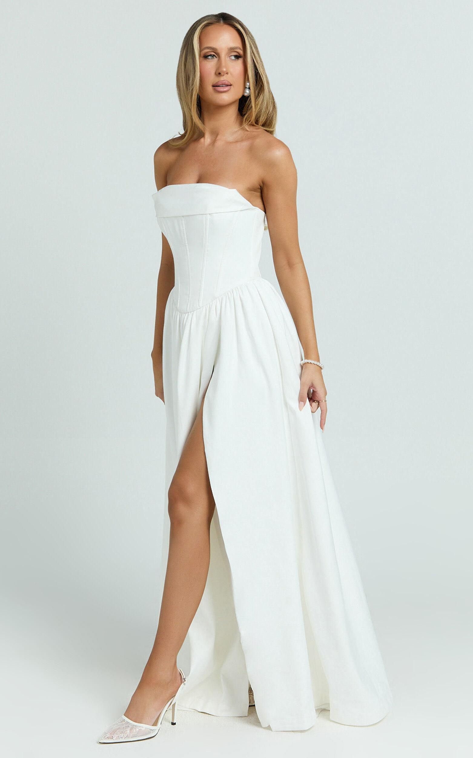 Jeannie Maxi Dress - Corset Panel High Split Dress in Off White Product Image