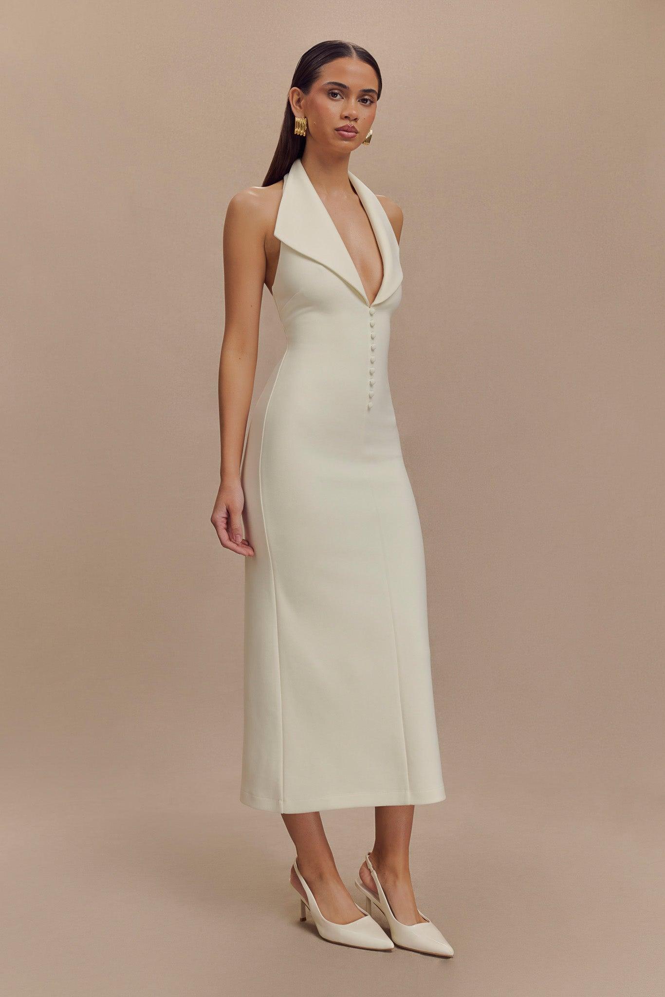 Annita Crepe Halter Midi Dress - Ivory Product Image