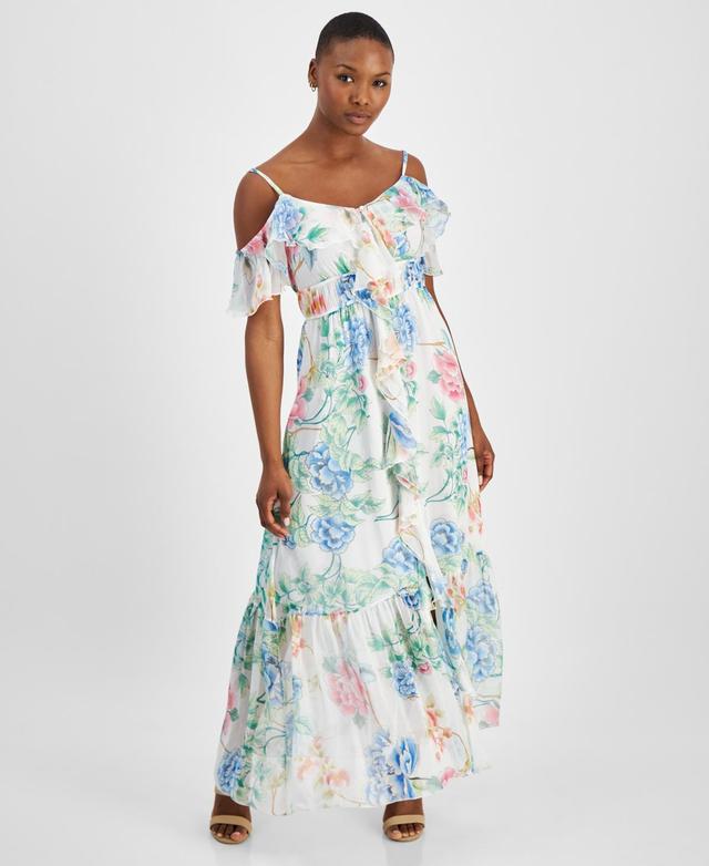 Guess Womens Floral-Print Ruffled Cold-Shoulder Tiered Maxi Dress Product Image