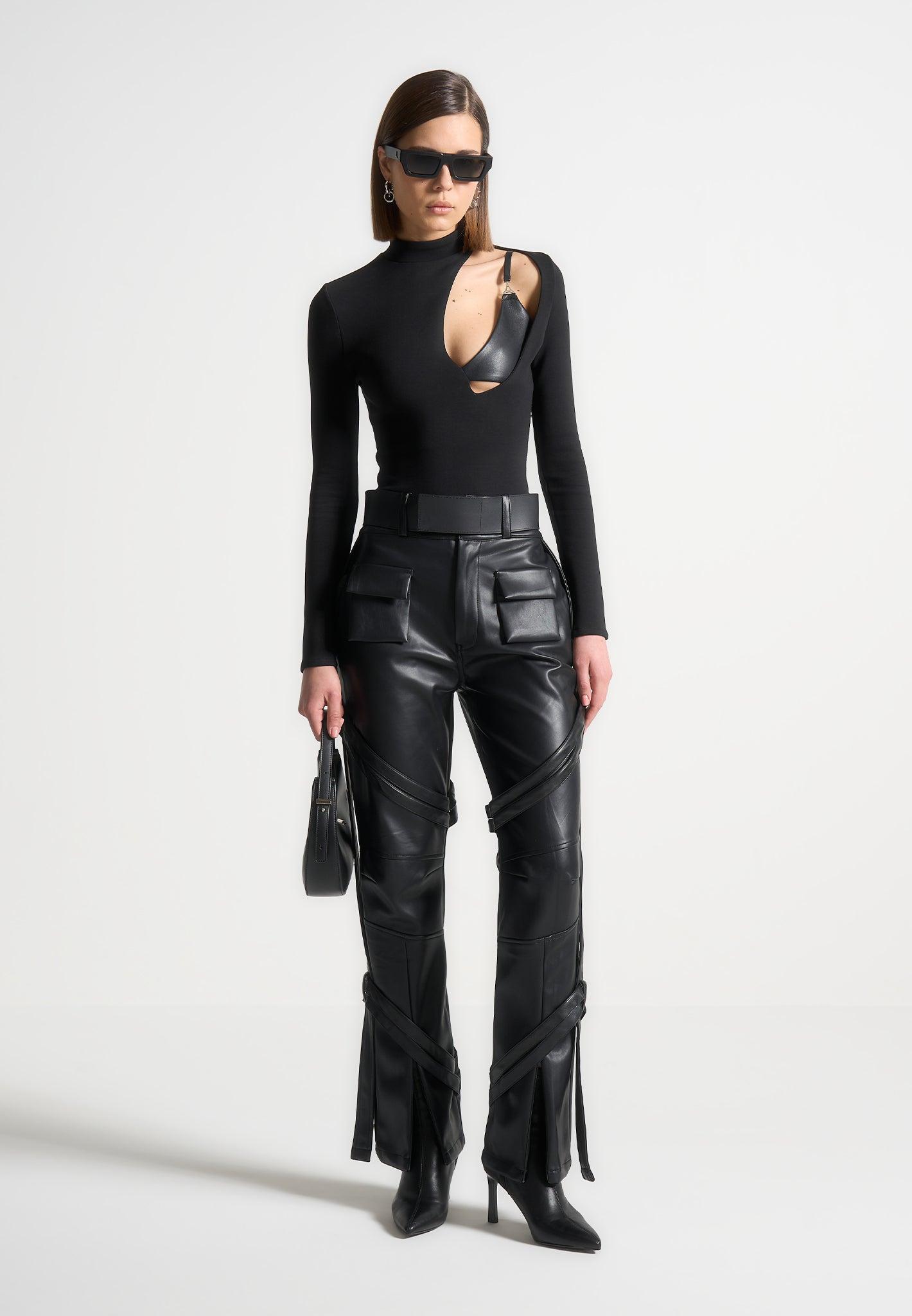 Vegan Leather Carpenter Cargo Trousers - Black Female Product Image