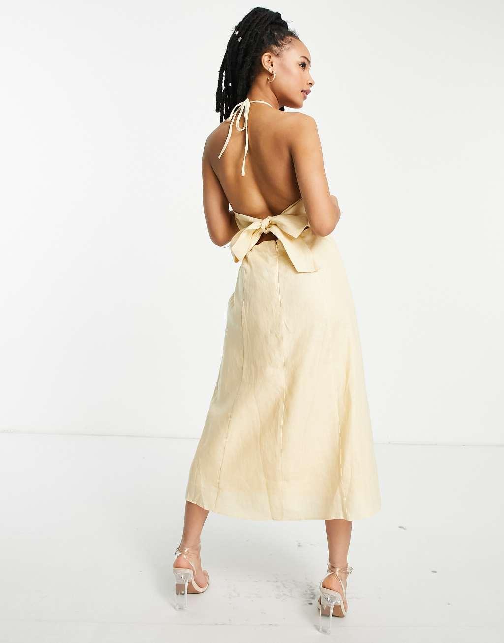 Ever New Petite tie back halter split dress in yellow Product Image