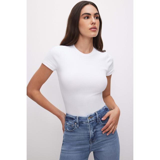 Womens Micro Rib Cotton T-Shirt Bodysuit | White, Size Large | Good American by Khlo Kardashian Product Image