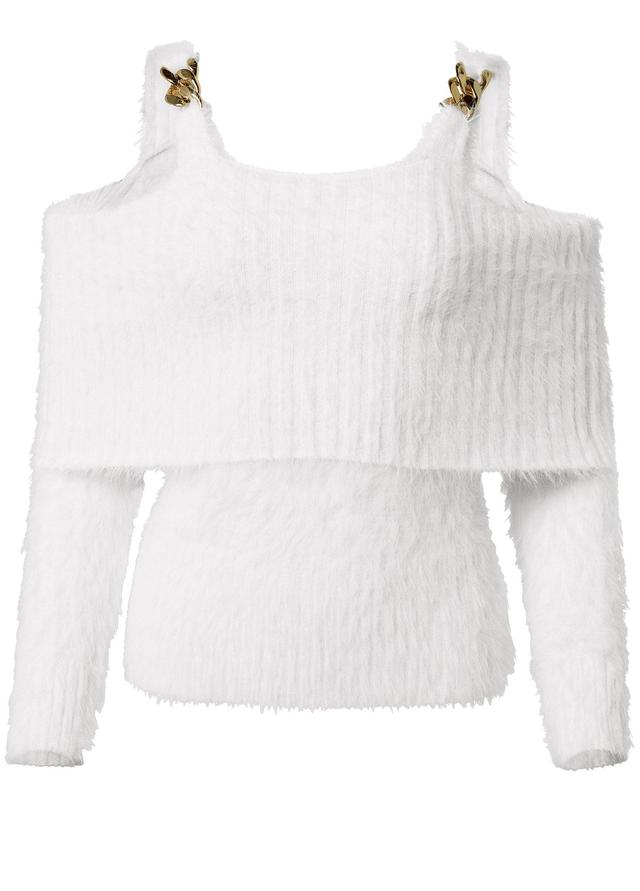 Chain Detail Cold-Shoulder Sweater - Off White Product Image