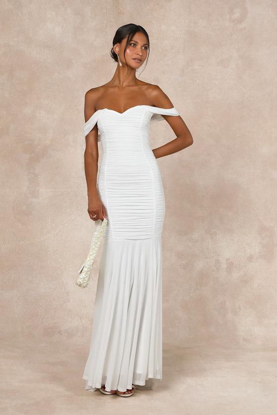 Divinely Romantic White Mesh Off-the-Shoulder Mermaid Maxi Dress Product Image