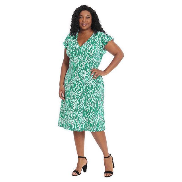 London Times Plus Size Fern Dot Print Matte Jersey V-Neck Flutter Short Sleeve A-Line Machine Washable Midi Dress Product Image