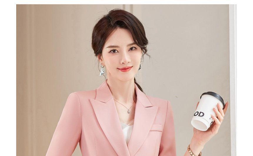 Elbow-Sleeve Peak Lapel Plain Double Breasted Blazer / High Rise Mini Pencil Skirt / High Rise Straight Leg Suit Pants / Set Product Image