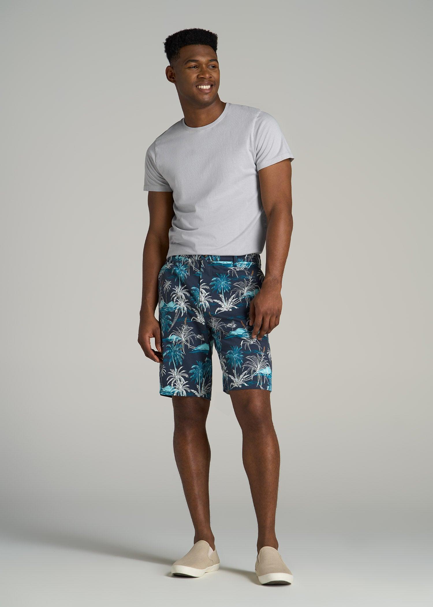 Printed Stretch Cotton Shorts for Tall Men in Blue and White Palms Product Image