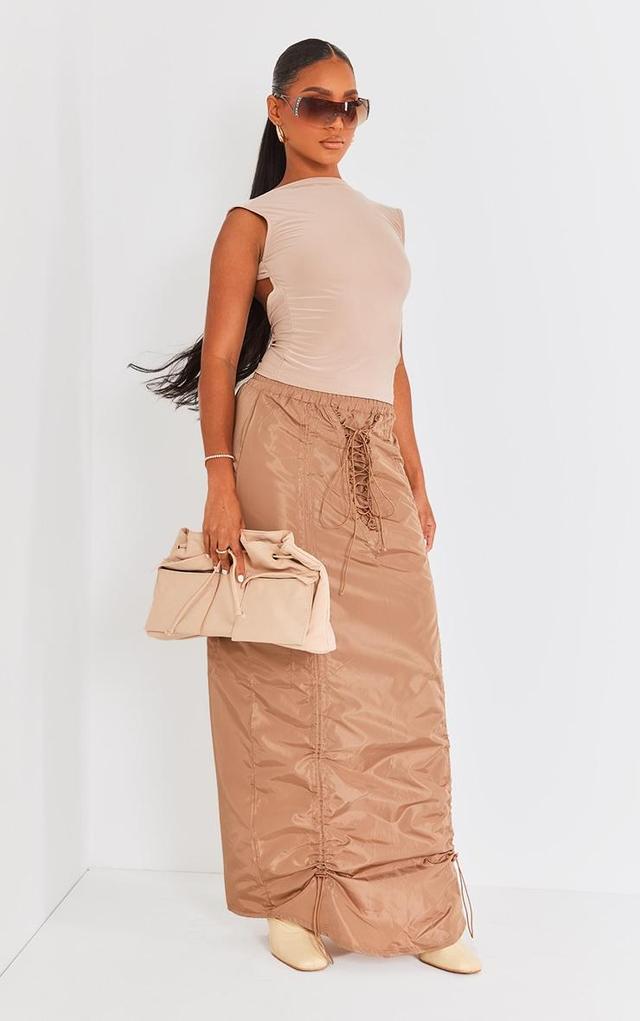 Camel Shell Ruched Front Toggle Detail Cargo Maxi Skirt Product Image