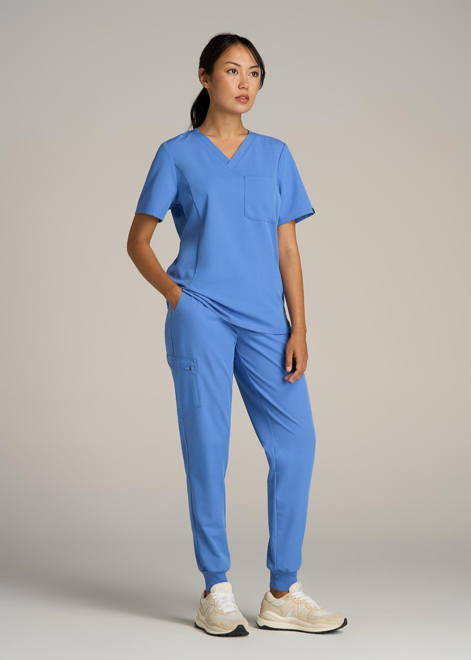 Short Sleeve V-Neck Scrub Top for Tall Women in Deep Sky Blue Product Image