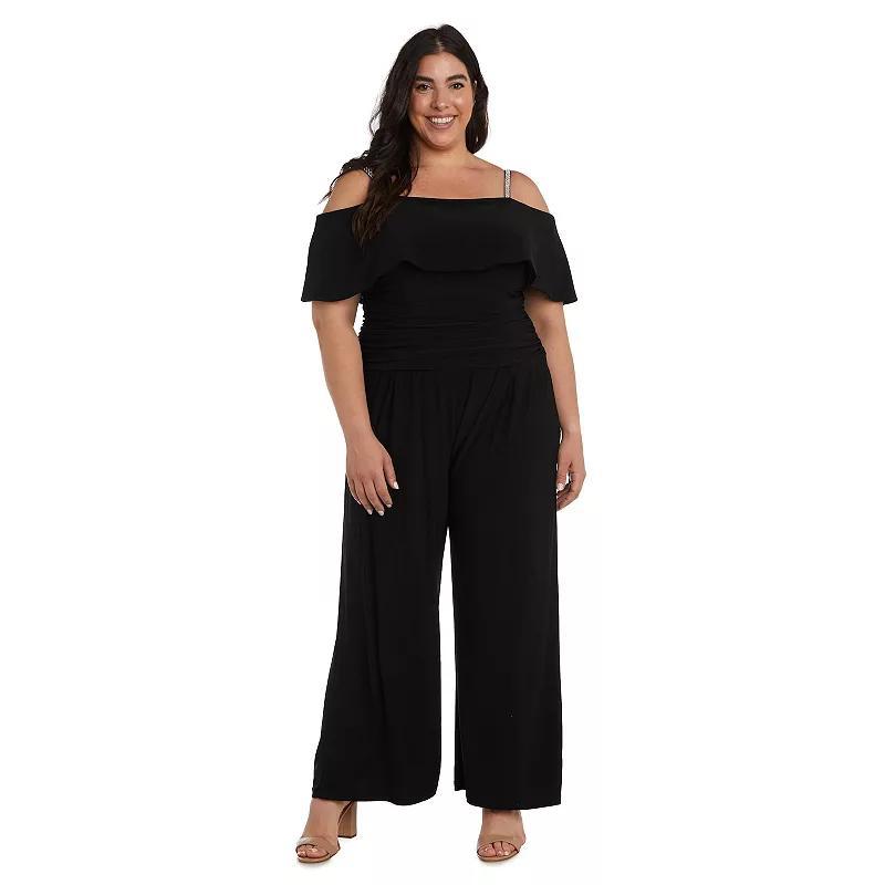 Womens R&M Richards Cold-Shoulder Ruched Bodice Jumpsuit Black Product Image