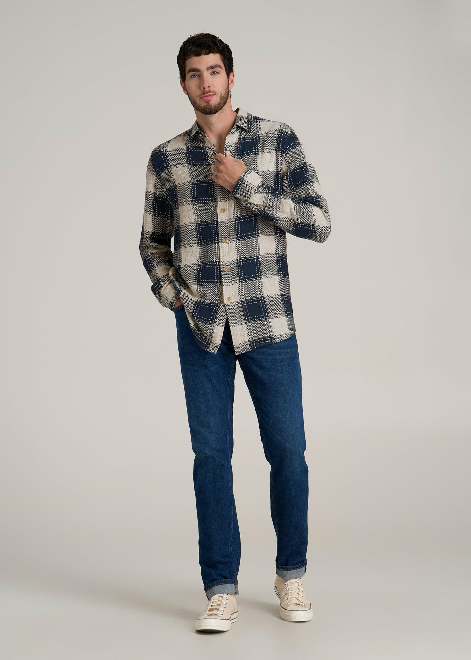 Lightweight Knit Overshirt for Tall Men in Navy and Beige Plaid Male Product Image