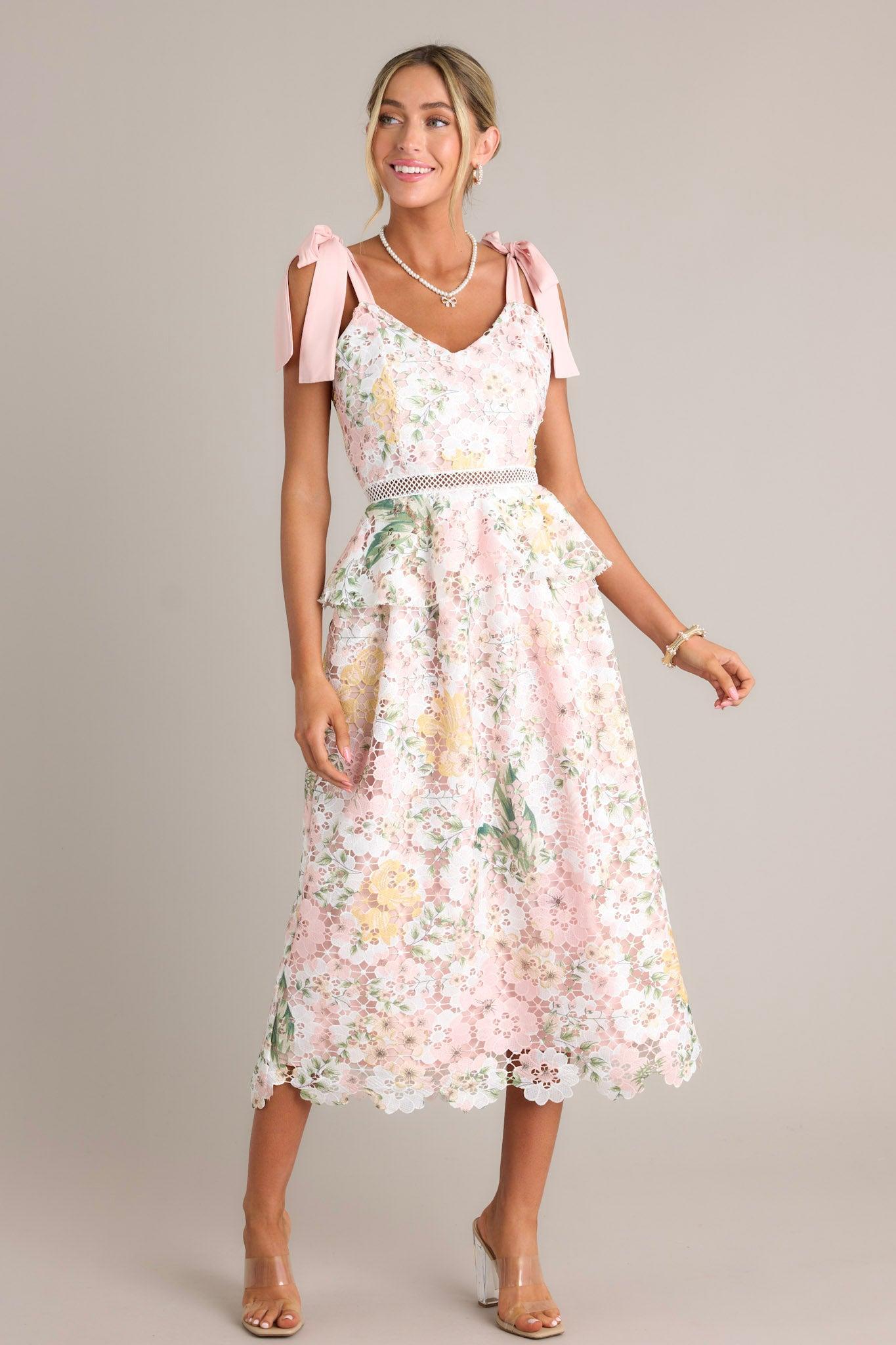 Remembering Spring Peach Lace Floral Midi Dress Product Image