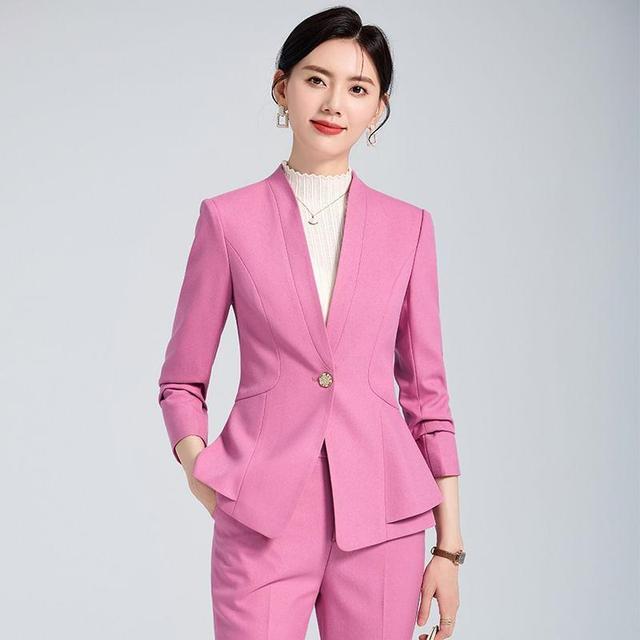 Set: Collarless Plain Single Breasted Blazer + Mid Rise Plain Slacks Product Image